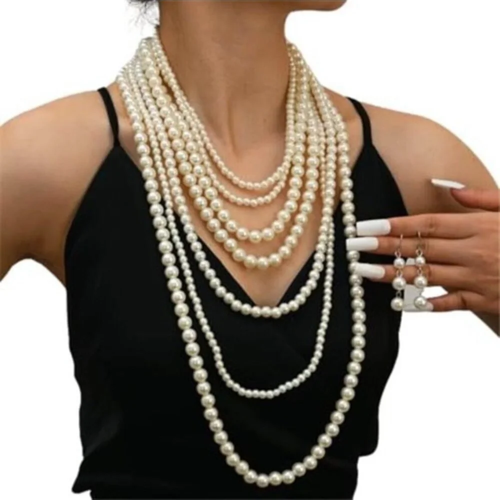 Long Lab Pearl Necklace Layered Pearls and Earrings Set Pearl Body Jewelry